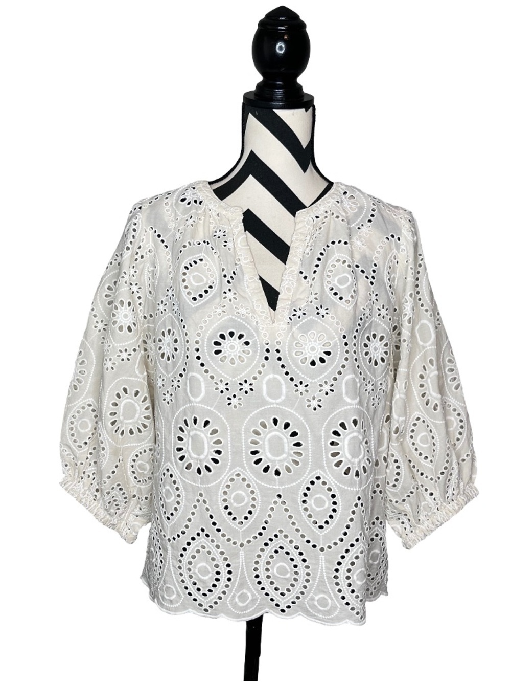 Velvet by Graham & Spencer Sz S Quinn Cotton Puff-Sleeve Eyelet Top